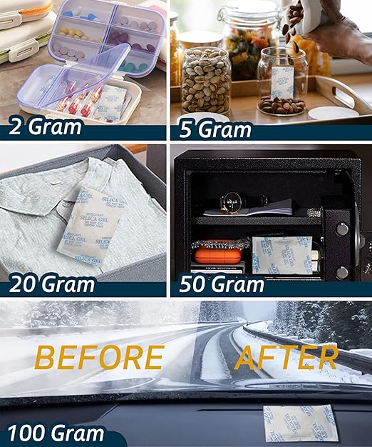 100 Gram (5 Pack) Color-Indicating Silica Gel Packets, Food Grade Desiccant - Rechargeable Moisture Absorbers for Food