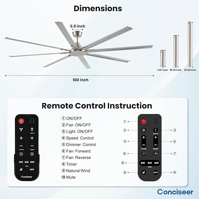 100 Inch Ceiling Fans with Remote No Light for Living Room Bedroom Kitchen Home Office Library Cafe Outdoor/Industrial Use, 8