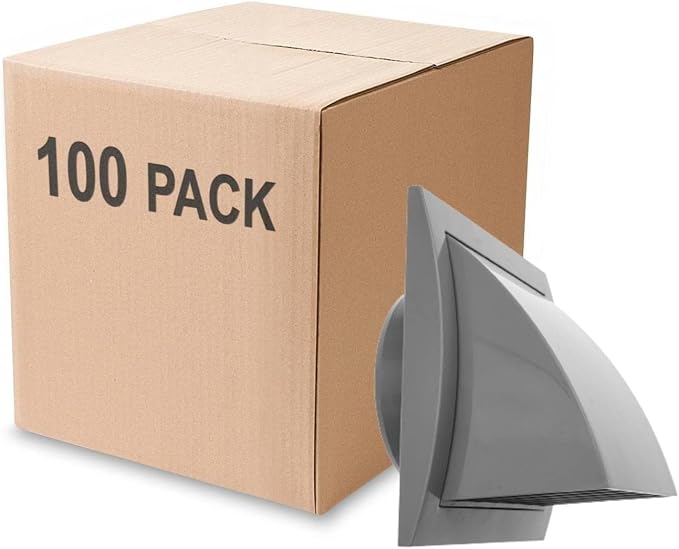 100 Pack - 4'' Inch Exhaust Hood Vent with Rain Cover and Flap, Grey, Indoor and Outdoor Air Vent Cover, HVAC Exhaust Vent