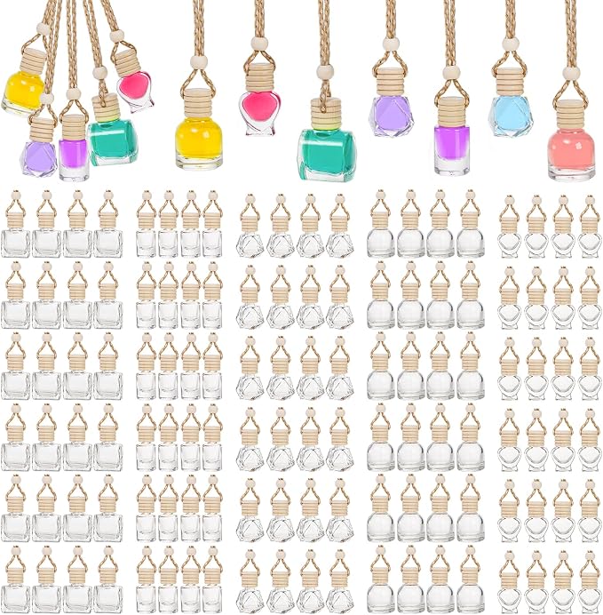 100 Pcs Hanging Car Air Freshener Diffuser, 10ml/8ml/5ml Empty Clear Glass Essential Diffuser Oil Aromatherapy Fragrance