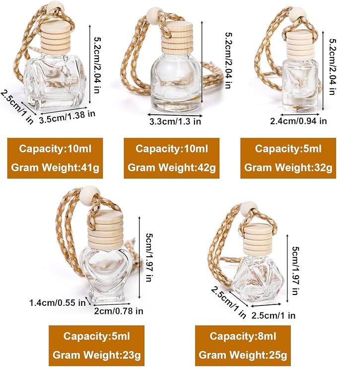100 Pcs Hanging Car Air Freshener Diffuser, 10ml/8ml/5ml Empty Clear Glass Essential Diffuser Oil Aromatherapy Fragrance