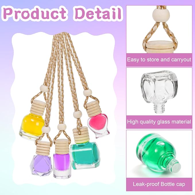 100 Pcs Hanging Car Air Freshener Diffuser, 10ml/8ml/5ml Empty Clear Glass Essential Diffuser Oil Aromatherapy Fragrance