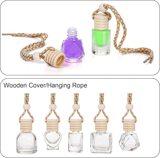 100 Pcs Hanging Car Air Freshener Diffuser, 10ml/8ml/5ml Empty Clear Glass Essential Diffuser Oil Aromatherapy Fragrance