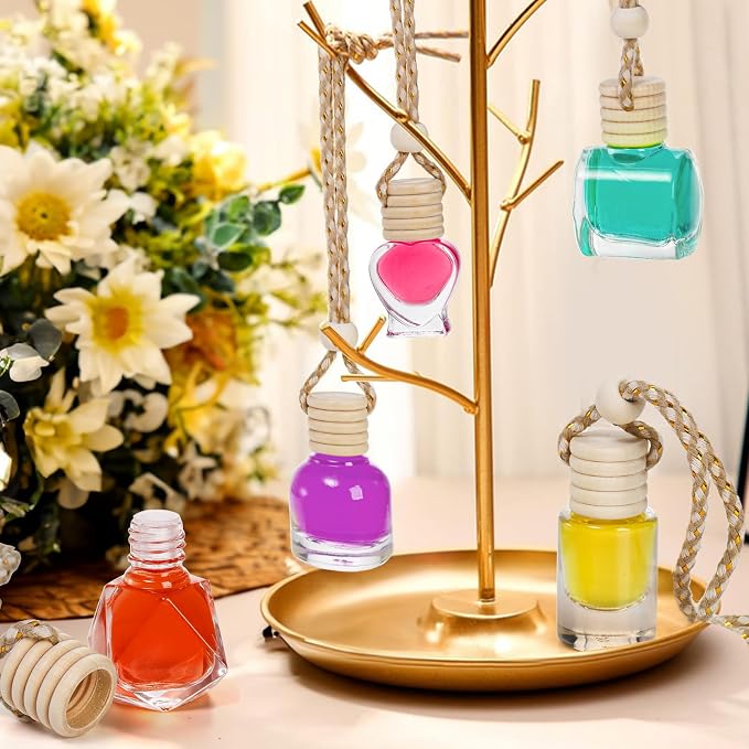 100 Pcs Hanging Car Air Freshener Diffuser, 10ml/8ml/5ml Empty Clear Glass Essential Diffuser Oil Aromatherapy Fragrance