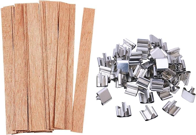 100 pcs Wooden Candle Wicks kit, Include 50 Pcs 5.1 X 0.5 Inch Candle Making Wicks and 50 Pcs Iron Stand Naturally Smokeless