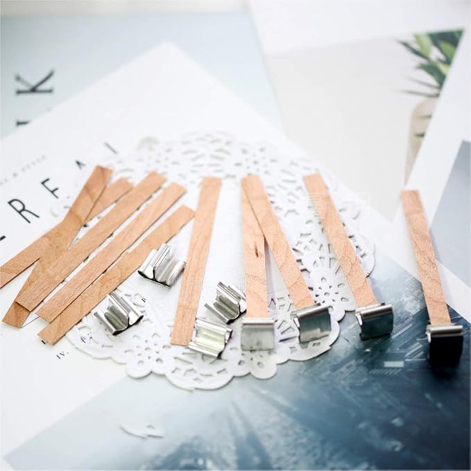 100 pcs Wooden Candle Wicks kit, Include 50 Pcs 5.1 X 0.5 Inch Candle Making Wicks and 50 Pcs Iron Stand Naturally Smokeless