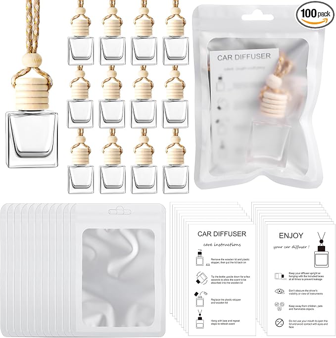 100 Sets Hanging Car Air Freshener Diffuser Bottles with Instruction Card and 4 x 6'' Resealable Holographic Bag for Empty