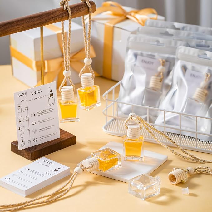 100 Sets Hanging Car Air Freshener Diffuser Bottles with Instruction Card and 4 x 6'' Resealable Holographic Bag for Empty