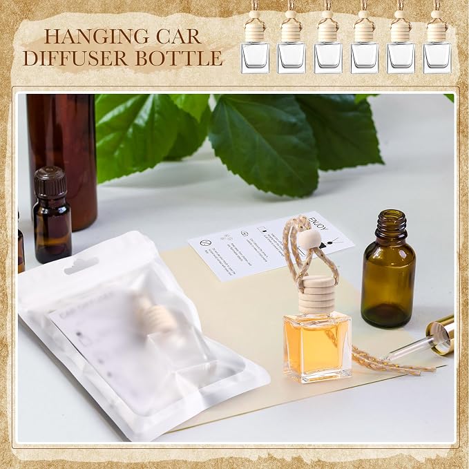 100 Sets Hanging Car Air Freshener Diffuser Bottles with Instruction Card and 4 x 6'' Resealable Holographic Bag for Empty