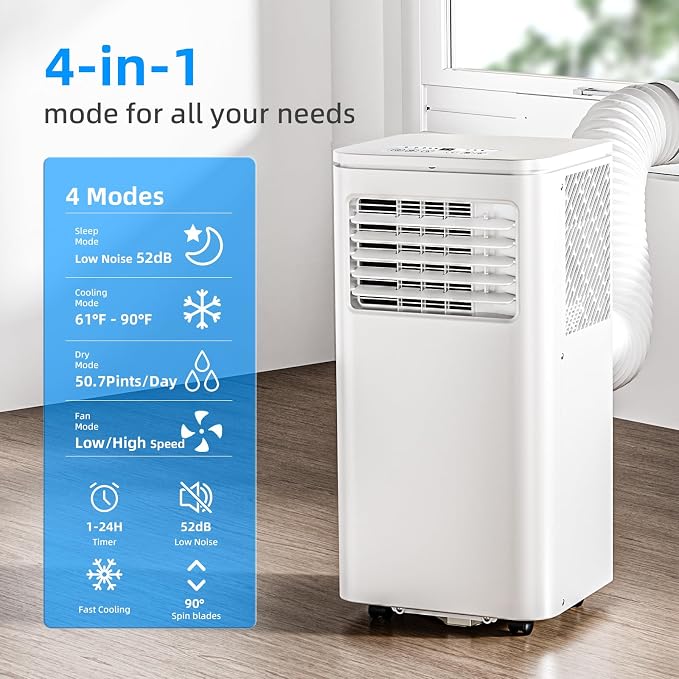 10000 BTU Portable Air Conditioner, 4-in-1 AC Unit with Cooling, Dehumidifier & Fan Modes, Sleep Mode, 24H Timer & Remote