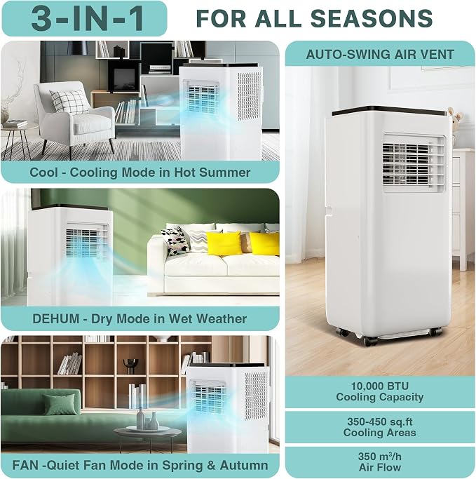 10000 BTU Portable Air Conditioner, 4-in-1 AC Unit with Cooling Dehumidifier Fan, Energy Saving Mode, 24H Timer, Remote