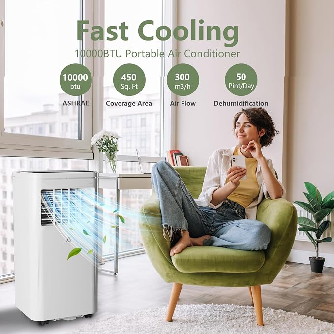 10000 BTU Portable Air Conditioner, Cools Rooms up to 450 Sq.Ft. for Bedroom, 3-in-1 AC Unit with Dehumidifier & Fan Modes