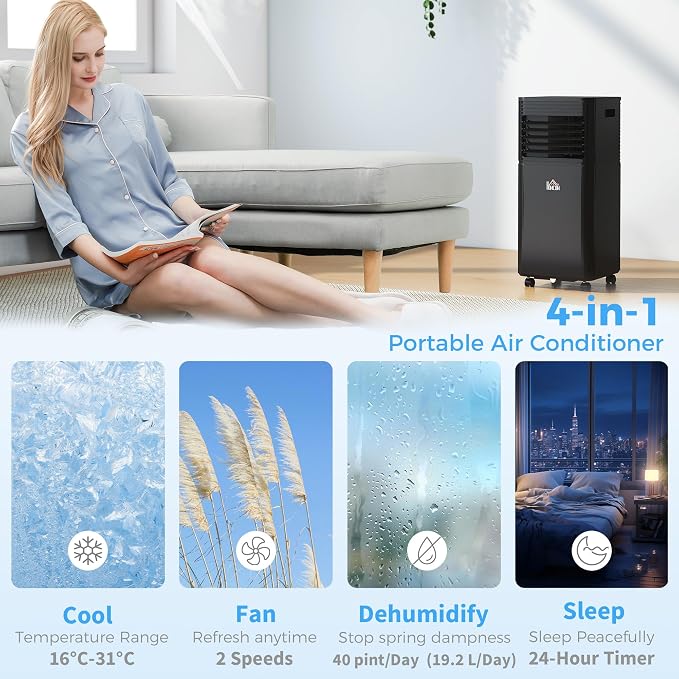 10000 BTU Portable Air Conditioner for Rooms up to 441 Sq.Ft., 3-in-1 Mobile AC Unit with Dehumidifier, Cooling Fan, Sleep