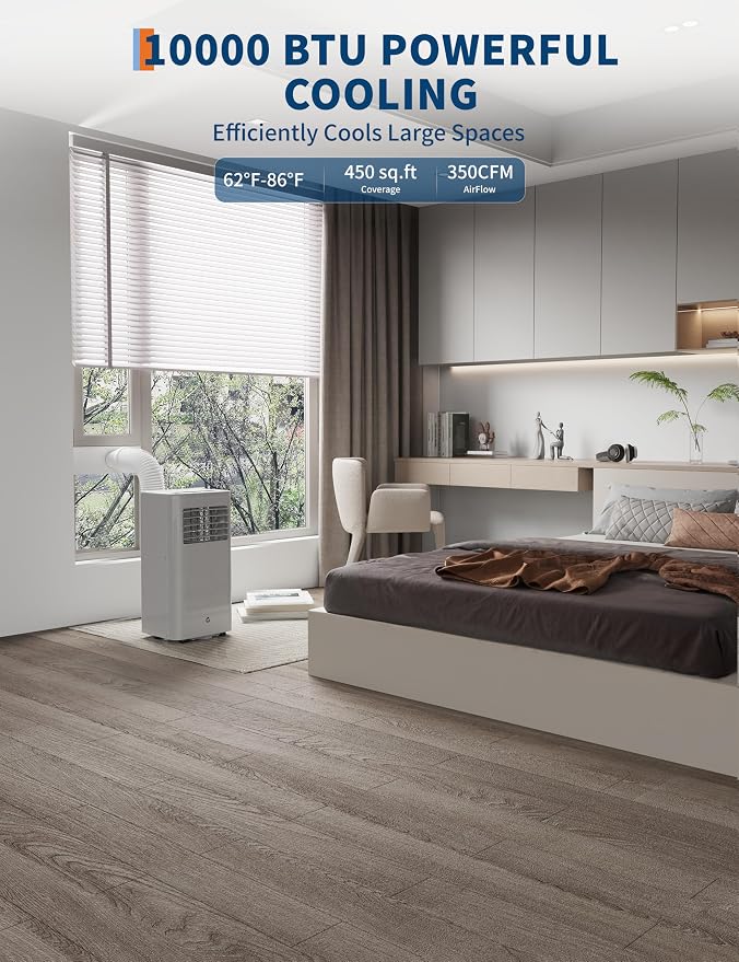 10000 BTU Portable Air Conditioner, Quiet 3 in-1 Cooling Unit for Rooms Up to 450 Sq.Ft, Includes Dehumidifier & Fan Modes