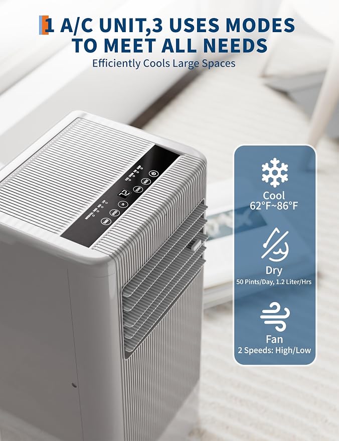 10000 BTU Portable Air Conditioner, Quiet 3 in-1 Cooling Unit for Rooms Up to 450 Sq.Ft, Includes Dehumidifier & Fan Modes