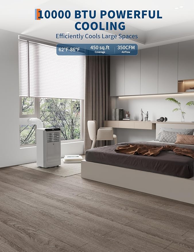10000 BTU Portable Air Conditioner with White Body, Cooling, Dehumidifying, and Fan Functions, Perfect for Medium-Sized