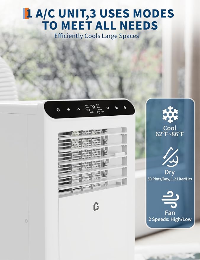 10000 BTU Portable Air Conditioner with White Body, Cooling, Dehumidifying, and Fan Functions, Perfect for Medium-Sized