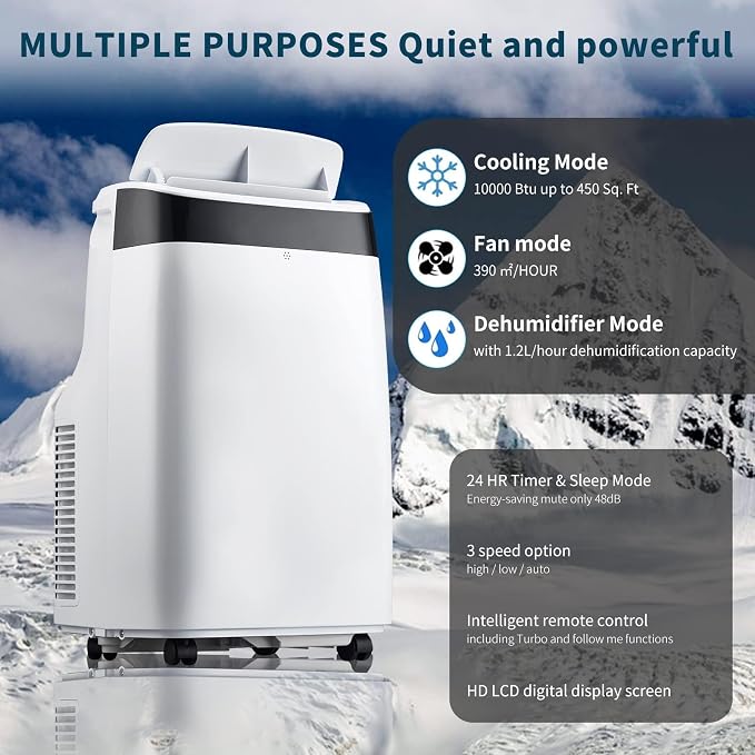 10000 BTU Portable Air Conditioner with White Body, Cooling, Dehumidifying & Fan Features, Quiet Operation, Suitable for