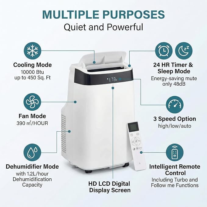 10000 BTU Portable Air Conditioner with White Body, Cooling, Dehumidifying & Fan Features, Quiet Operation, Suitable for