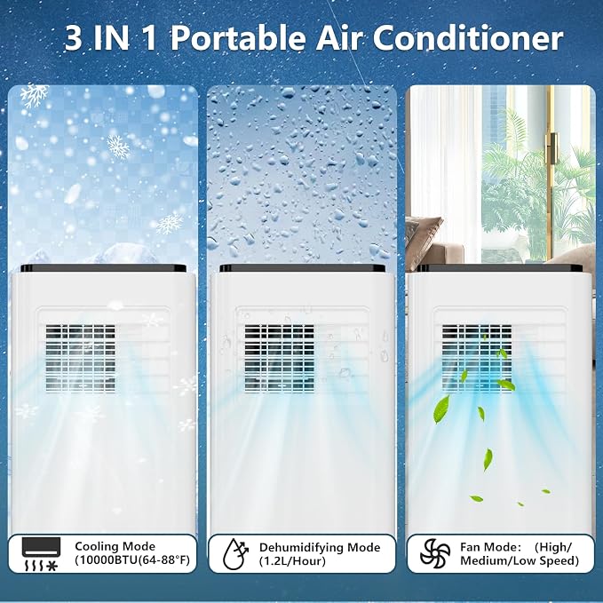 10000 BTU Portable Air Conditioners, 3-in-1 Cooling, Dehumidifier & Fan, Quiet & Energy Saving for Rooms Up to 450 Sq.ft