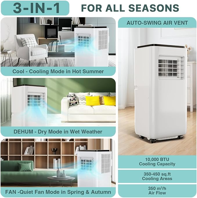 10000 BTU Portable Air Conditioners, 3-in-1 Cooling, Dehumidifier & Fan, Quiet & Energy Saving for Rooms Up to 450 Sq.ft