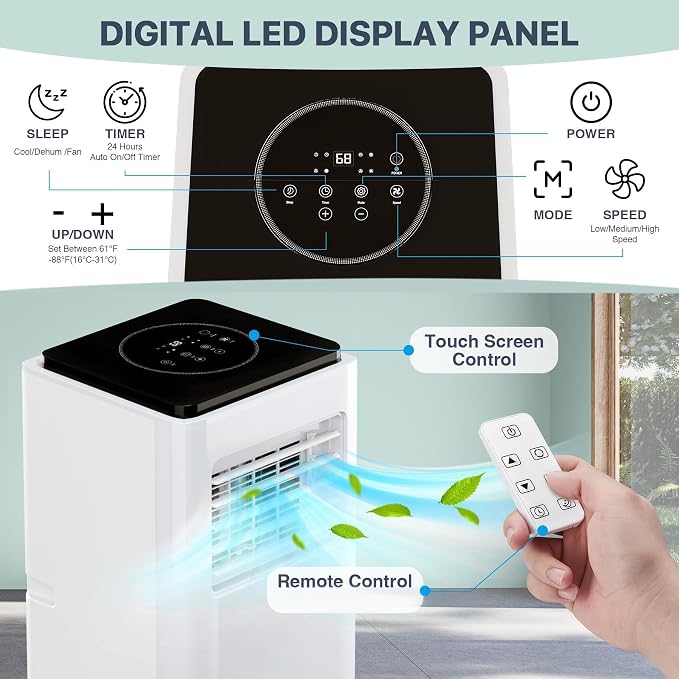 10000 BTU Portable Air Conditioners, 3-in-1 Cooling, Dehumidifier & Fan, Quiet & Energy Saving for Rooms Up to 450 Sq.ft