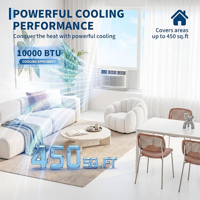 10000 BTU Window Air Conditioner Unit with Remote Control, Cools Rooms Up to 450 Sq ft, 3 Cooling & Fan Speeds Quiet