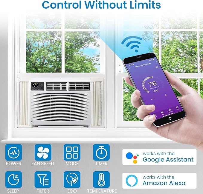 10000 BTU Window Air Conditioner with WiFi, Up to 450 Sqf for Small Rooms with Cooling, Remote & 4 Fan Speed, Quiet