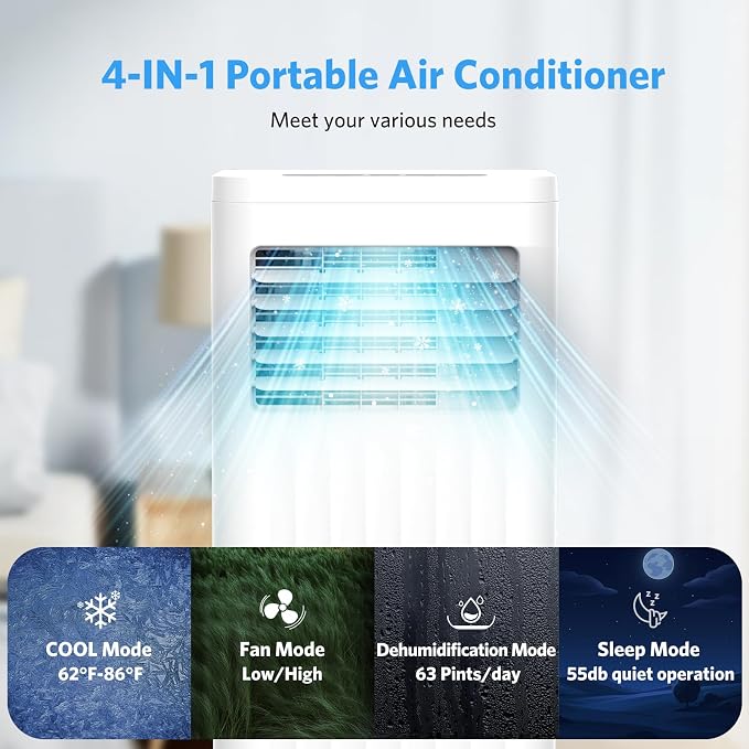 10000 BTUs Portable Air Conditioners with cooling/dehumidification/fan/sleep mode,4-IN-1 Portable AC with 24H Timer & Remote
