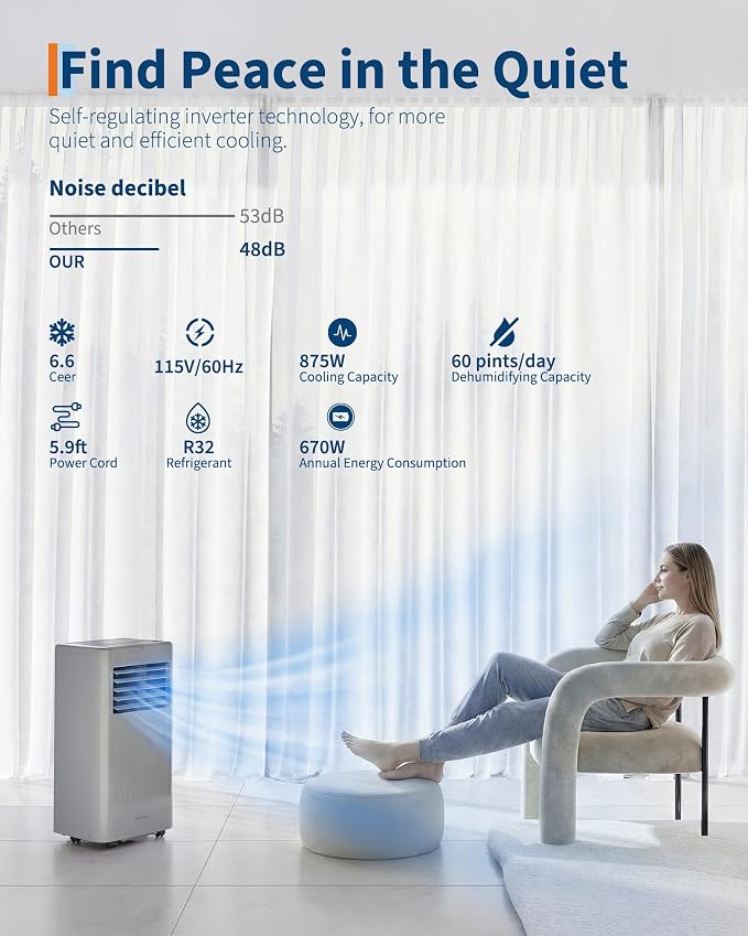 10000BTU Portable Air Conditioner,Up to 450 Sq.Ft. Remote Control Silent Portable AC Unit, alternate product view 5