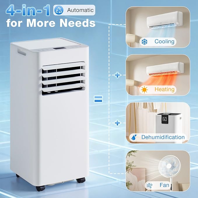 10000BTU Portable Air Conditioner with Heater, 4-in-1 Portable AC Unit with Cooling & Heating, Fan & Dehumidifier up to 450