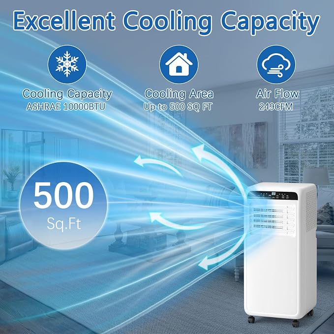 10000BTU Portable Air Conditioners With Fan & Dehumidifier, 3-in-1 Quiet Portable AC Unit, Cools Up to 500 Sq.Ft, 24H Timer