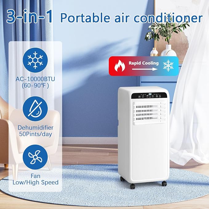 10000BTU Portable Air Conditioners With Fan & Dehumidifier, 3-in-1 Quiet Portable AC Unit, Cools Up to 500 Sq.Ft, 24H Timer