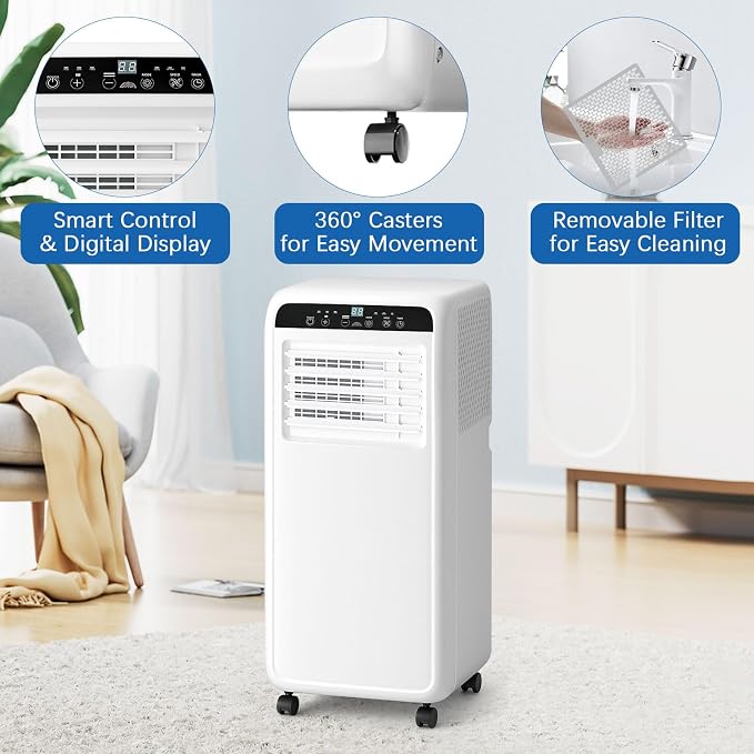 10000BTU Portable Air Conditioners With Fan & Dehumidifier, 3-in-1 Quiet Portable AC Unit, Cools Up to 500 Sq.Ft, 24H Timer