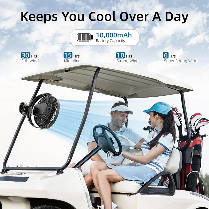 10000mAh 30hrs Portable Fan Rechargeable, 8-Inch Battery Operated Clip on Fan, USB Fans, 4 Speeds, Strong Airflow, Sturdy