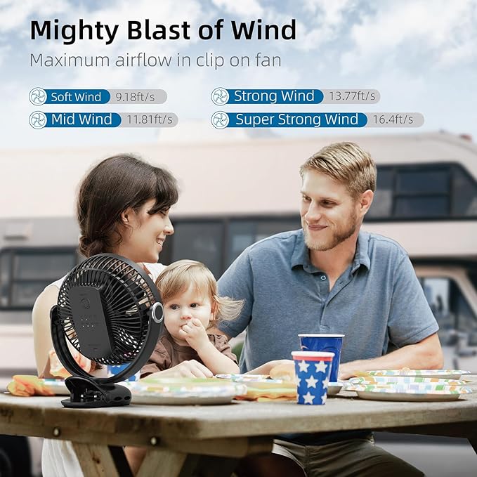 10000mAh 30hrs Portable Fan Rechargeable, 8-Inch Battery Operated Clip on Fan, USB Fans, 4 Speeds, Strong Airflow, Sturdy