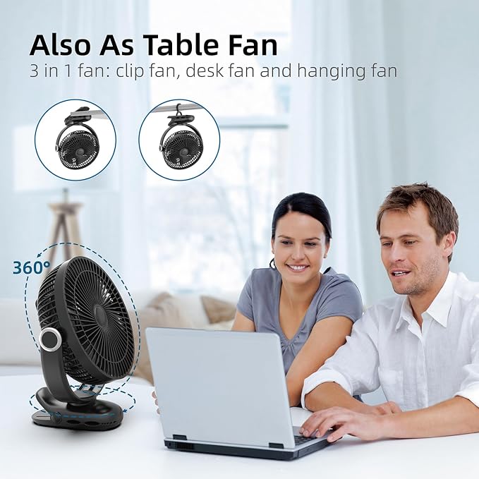 10000mAh 30hrs Portable Fan Rechargeable, 8-Inch Battery Operated Clip on Fan, USB Fans, 4 Speeds, Strong Airflow, Sturdy