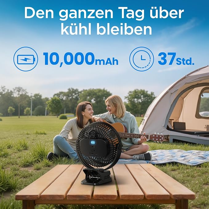 10000mAh Portable Clip on Fan - 8 inch 37H Working Time Quiet Battery Rechargeable Desk Fan, Strong Airflow, Digital Display