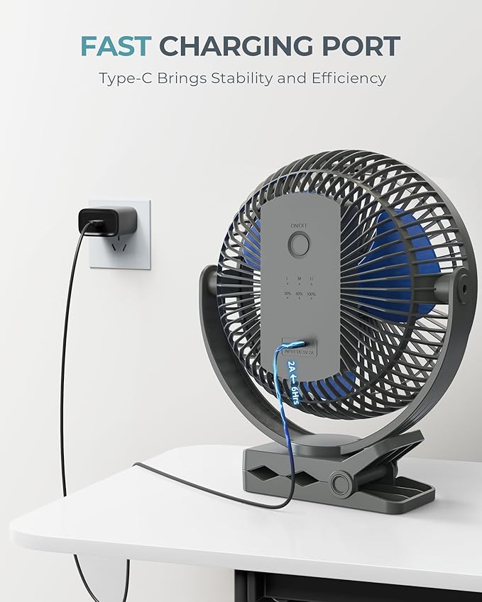 10000mAh Portable Rechargeable Clip on Fan, 8-inch Battery Operated, 4 Speeds, 24 Hours Work Time for Outdoor, Camping, Golf