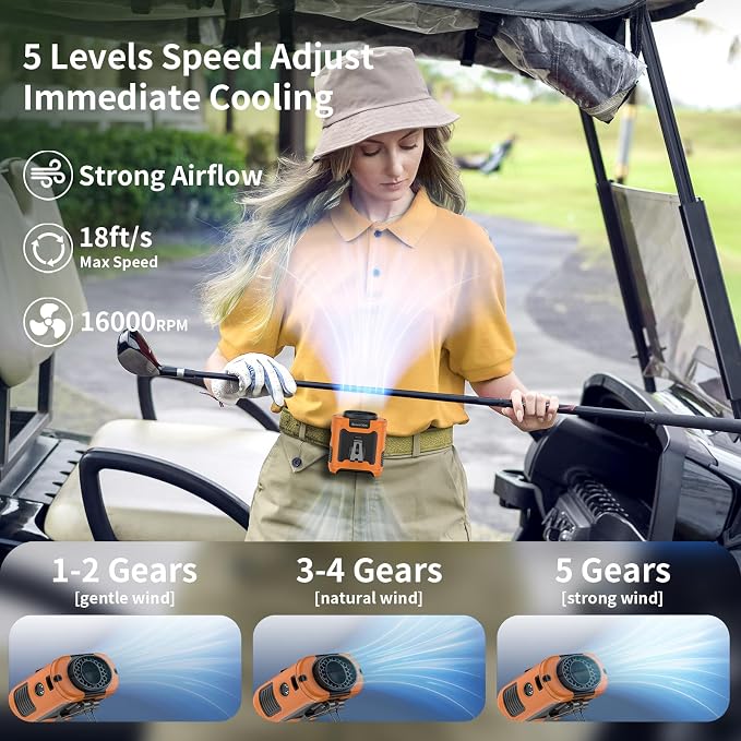 10000mAh Portable Waist Fan Clip on Wearable Belt Personal Fan Rechargeable Battery operated With 5 Speeds &, alternate view