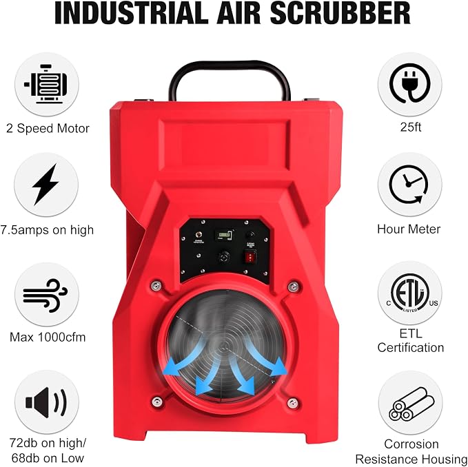 1000cfm Portable Industrial Air Purifier Negative Air Scrubber - Powerful 1HP Motor, True HEPA Filter, 2-Speed, alternate