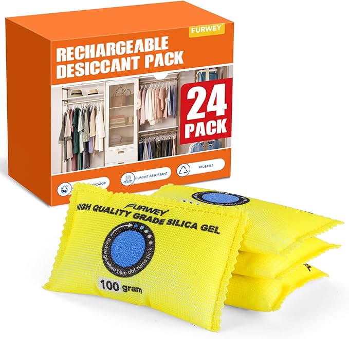 100g (24 Packs) Rechargeable Desiccant Packs for Storage, Color Indicating Silica Gel Desiccant Packets, product image