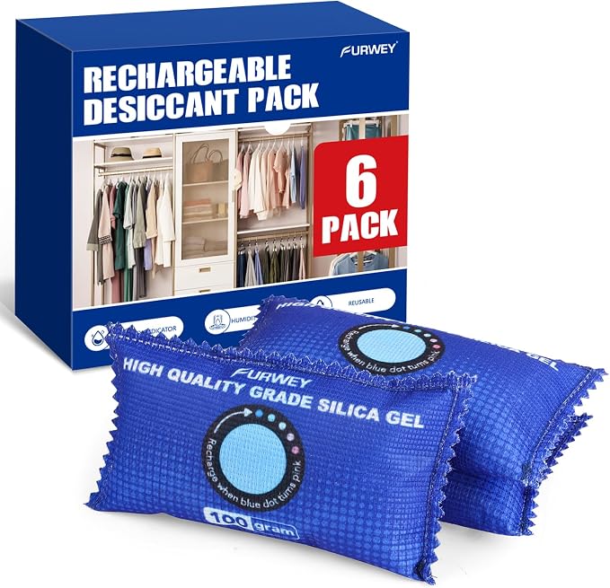 100g [ 6 Packs] Rechargeable Desiccant Packs for Storage, Color Indicating Silica Gel Desiccant Packets, Moisture absorbers