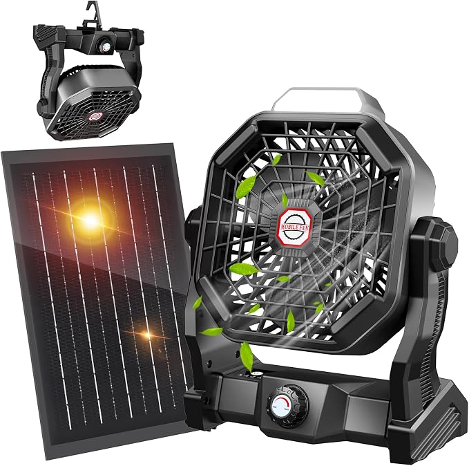 10400mAh Solar Fan with LED Lantern, Camping Fan with 7W Solar Panel, Rechargeable Solar Powered for Outside, Quiet Battery
