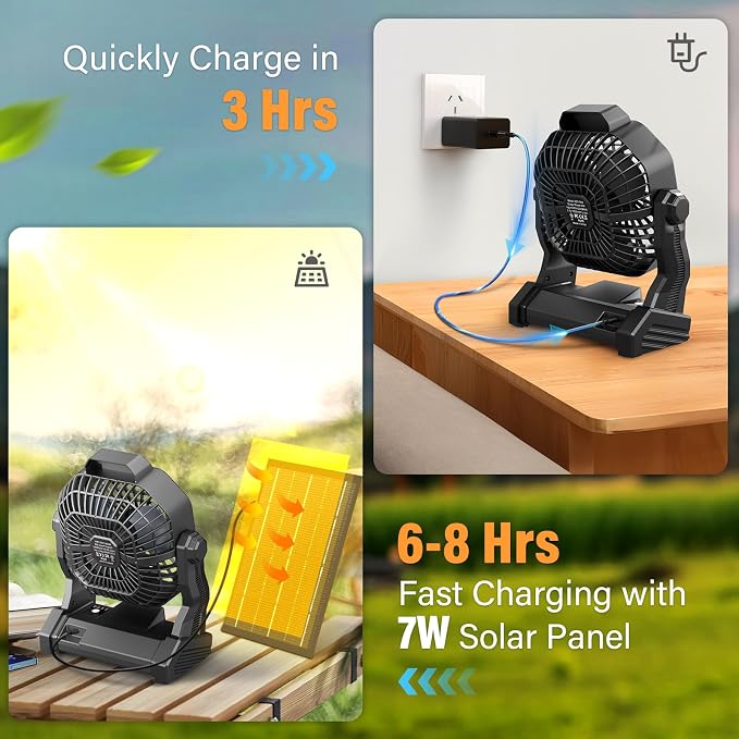 10400mAh Solar Fan with LED Lantern, Camping Fan with 7W Solar Panel, Rechargeable Solar Powered for Outside, Quiet Battery