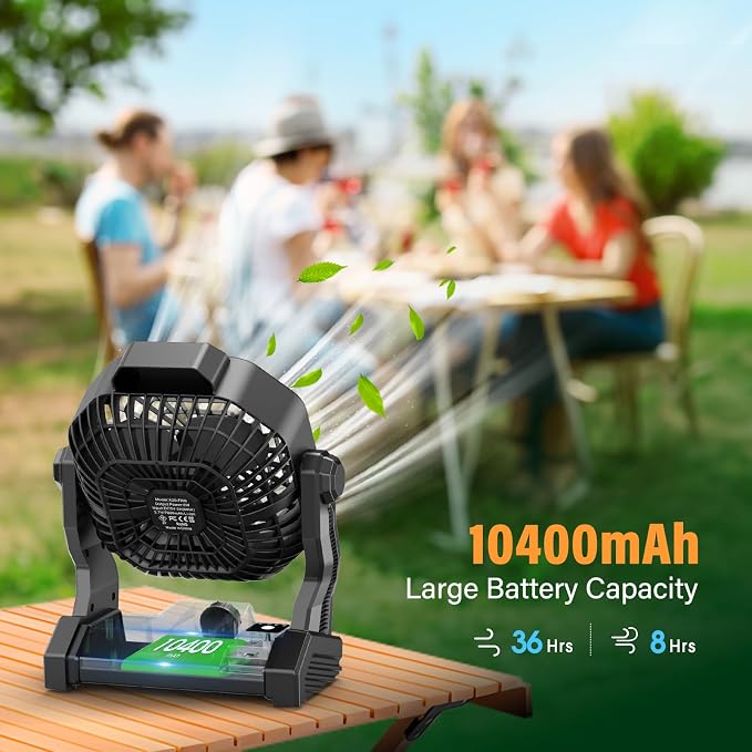 10400mAh Solar Fan with LED Lantern, Camping Fan with 7W Solar Panel, Rechargeable Solar Powered for Outside, Quiet Battery