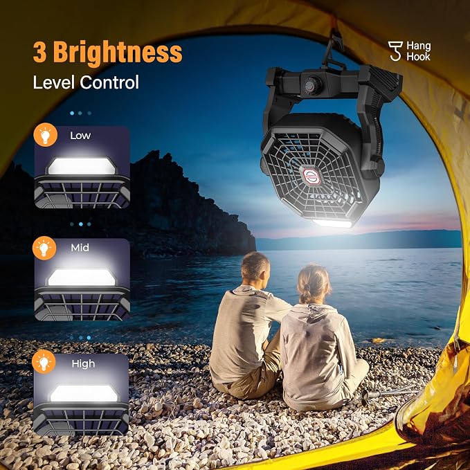 10400mAh Solar Fan with LED Lantern, Camping Fan with 7W Solar Panel, Rechargeable Solar Powered for Outside, Quiet Battery