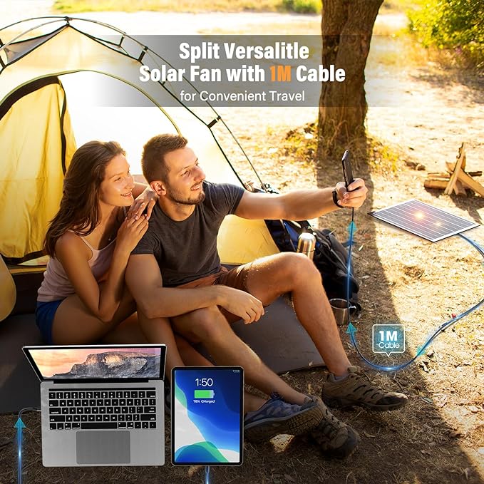 10400mAh Solar Fan with LED Lantern, Camping Fan with 7W Solar Panel, Rechargeable Solar Powered for Outside, Quiet Battery