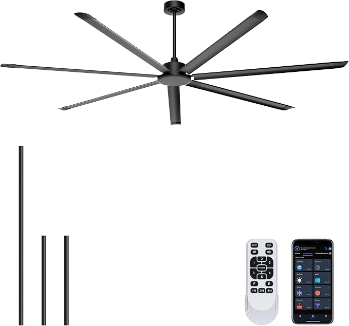 108'' Ceiling Fan No Light, Black Industrial Ceiling Fan with Remote/APP, 7 Aluminum Blades, 20000 CFM DC Motor for Gym