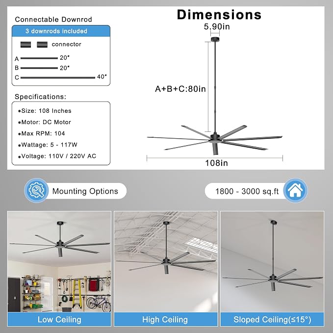 108'' Ceiling Fan No Light, Black Industrial Ceiling Fan with Remote/APP, 7 Aluminum Blades, 20000 CFM DC Motor for Gym